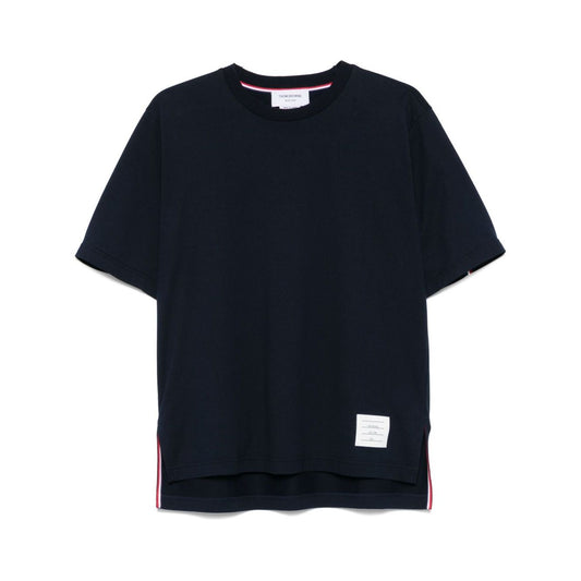 Thom Browne T-shirts and Polos Blue cotton t-shirt with signature grosgrain side tabs and RWB stripe detailing.