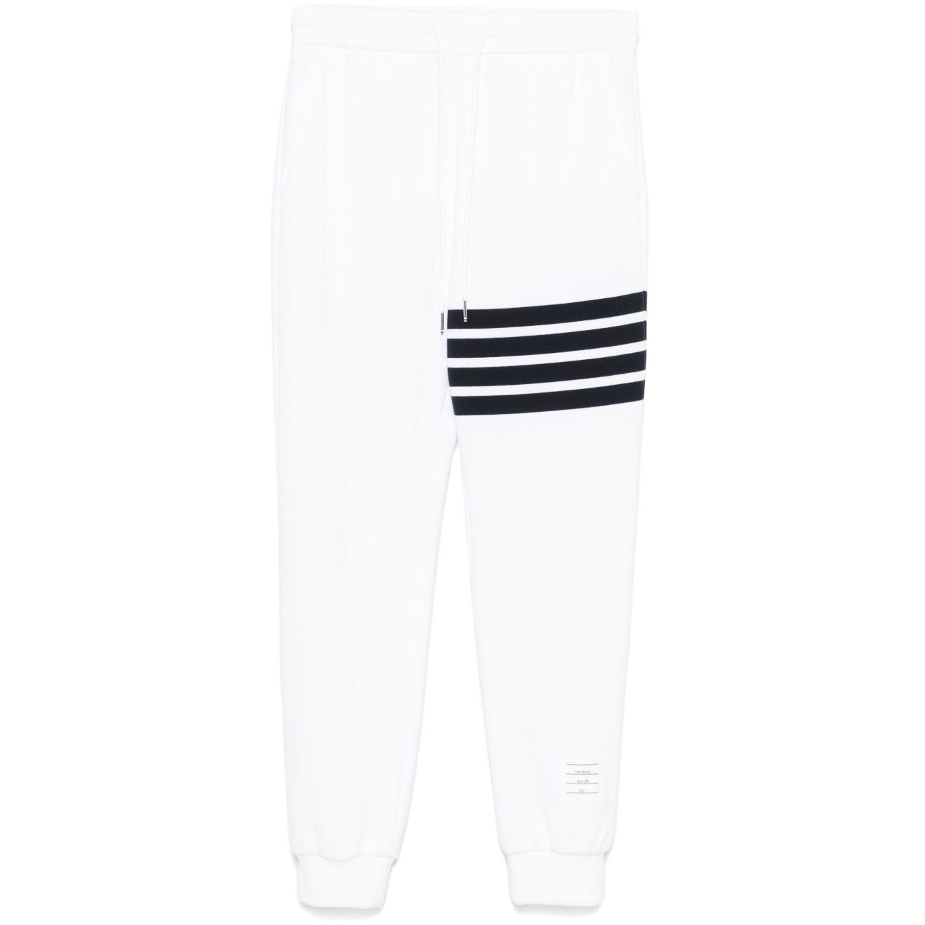 Thom Browne Trousers White with elasticated drawstring waistband, side pockets, logo patch, signature grosgrain loop tab, 4Bar design.