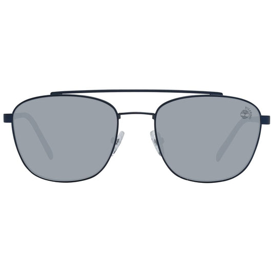 Front view of Timberland Blue Men Sunglass with blue metal full-rim aviator frame and grey polarized mirrored lenses, includes branded case.