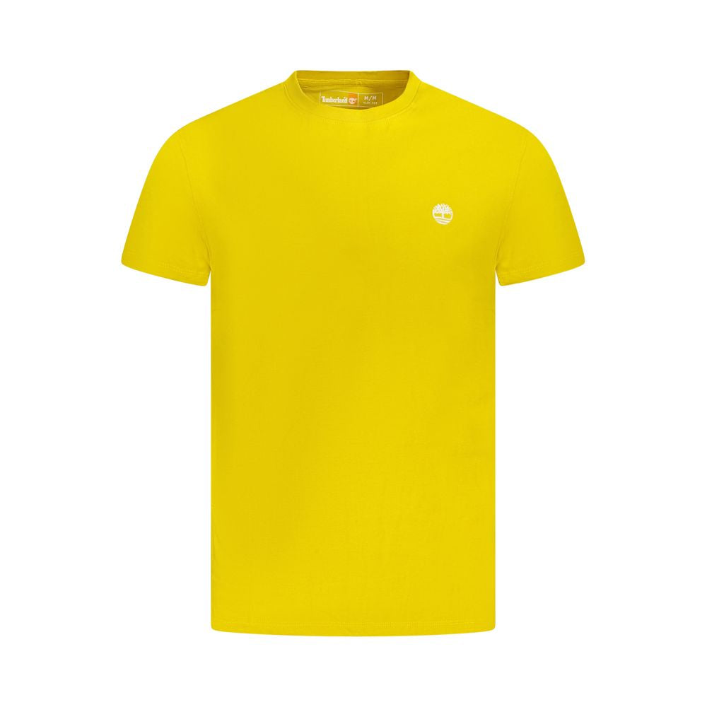 Timberland Yellow Cotton Men T-Shirt, slim fit, crew neck, 100% organic cotton with embroidered logo, vibrant yellow short sleeve shirt.