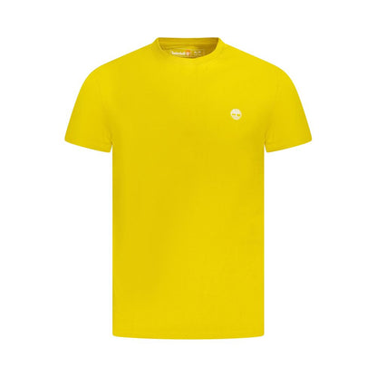 Timberland Yellow Cotton Men T-Shirt, slim fit, crew neck, 100% organic cotton with embroidered logo, vibrant yellow short sleeve shirt.