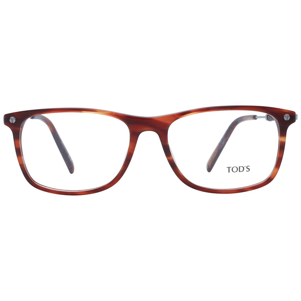 Tod's Brown Men Glasses Frame, rectangle full-rim plastic material, includes branded case, size 56-17-145, demo lenses.