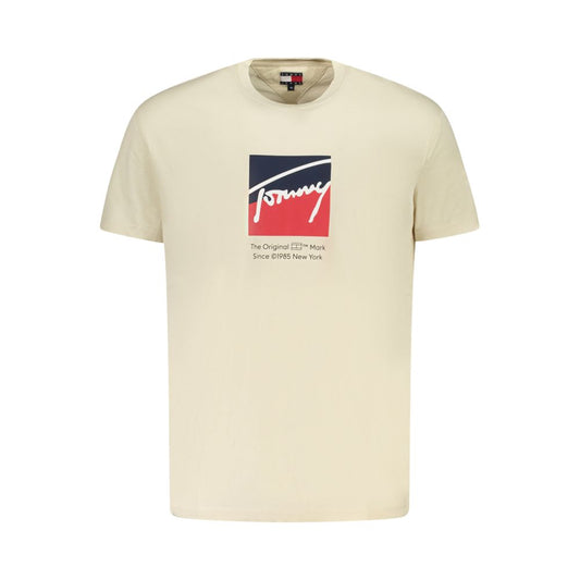 Tommy Hilfiger Beige Cotton Men T-Shirt with logo, short sleeves, crew neck style, made from 95% regenerative cotton.