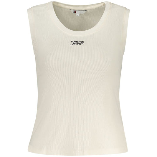 Tommy Hilfiger Beige Cotton Tank Top with embroidery logo and wide neckline, made of 95% regenerative cotton.