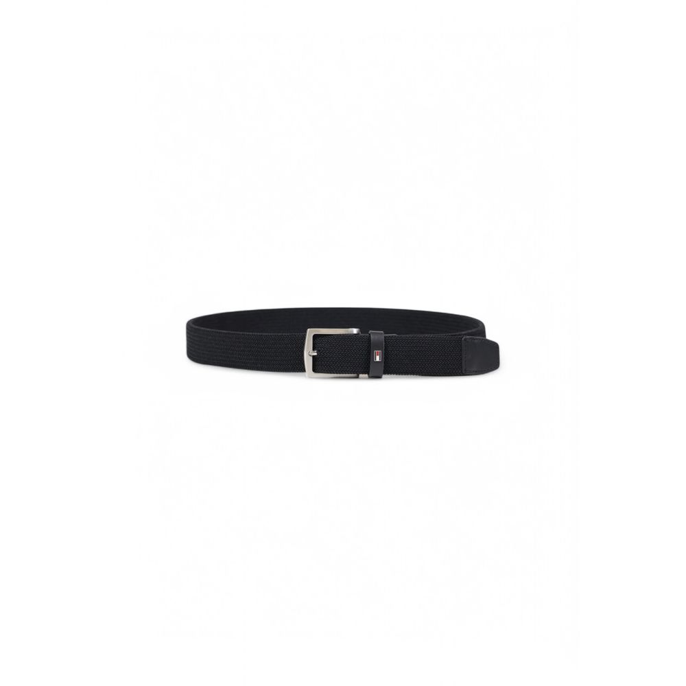 Tommy Hilfiger Black Recycled Polyester Belt with shiny metal buckle for stylish and comfortable wear.