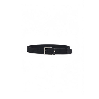 Tommy Hilfiger Black Recycled Polyester Belt with shiny metal buckle for stylish and comfortable wear.