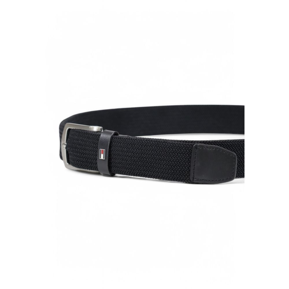 Tommy Hilfiger Black Recycled Polyester Belt with shiny metal buckle for stylish everyday wear.
