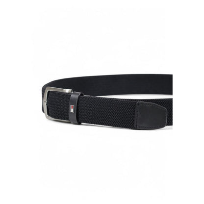 Tommy Hilfiger Black Recycled Polyester Belt with shiny metal buckle for stylish everyday wear.