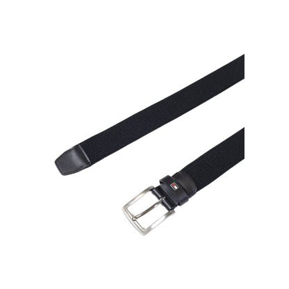 Tommy Hilfiger Black Recycled Polyester Belt with shiny metal buckle, perfect for everyday style and comfort.