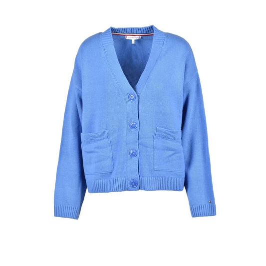 Tommy Hilfiger Blue Cotton Cardigan, women's knitwear with button-front and pockets, perfect for style and comfort on cool days.