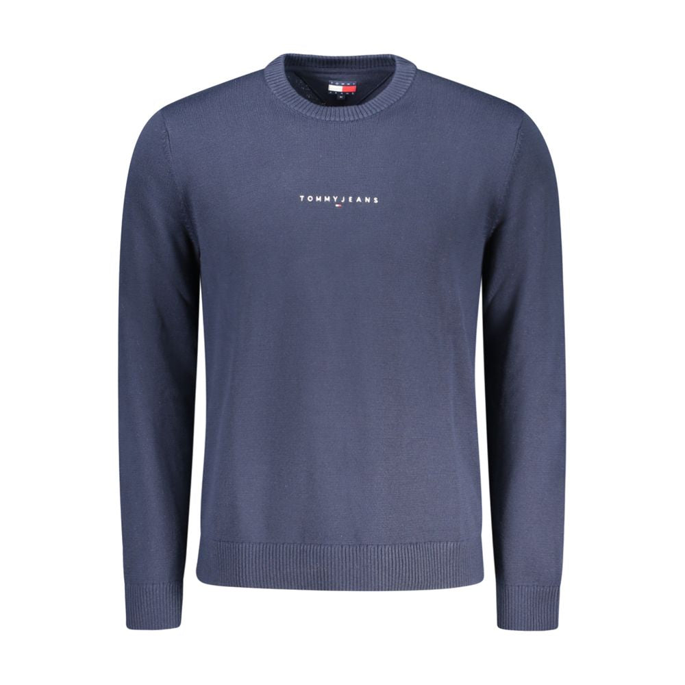 Tommy Hilfiger Blue Polyester Men Sweater with crew neck and embroidered logo, featuring eco-friendly recycled materials for style and comfort.