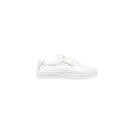 Tommy Hilfiger Cream Recycled Cotton Low Top Sneakers with rubber sole and gold detail.