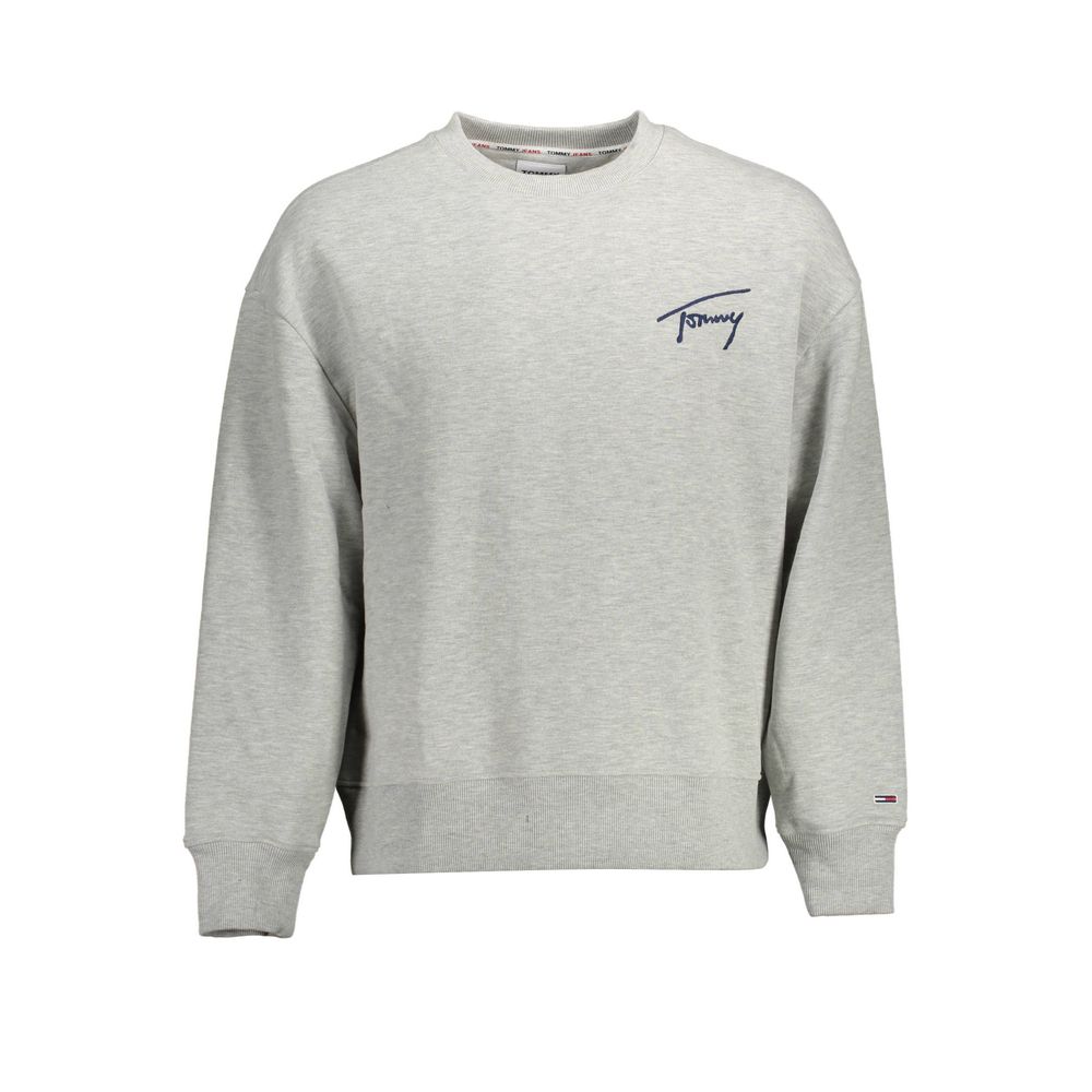 Tommy Hilfiger Gray Cotton Men Sweater with logo embroidery, classic crew neck design, made from eco-friendly regenerative cotton.