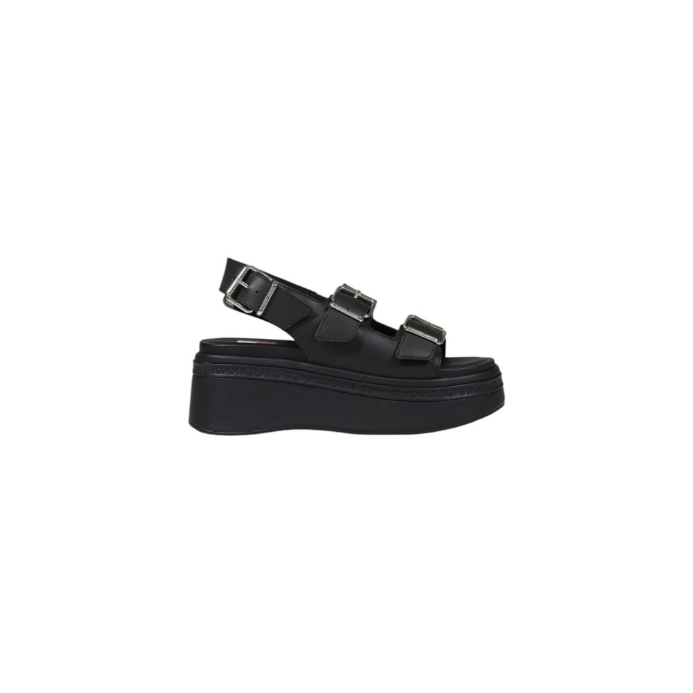 Tommy Hilfiger Jeans Black Leather Platform Sandals with adjustable buckle straps and wedge sole, side view.