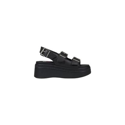 Tommy Hilfiger Jeans Black Leather Platform Sandals with adjustable buckle straps and wedge sole, side view.