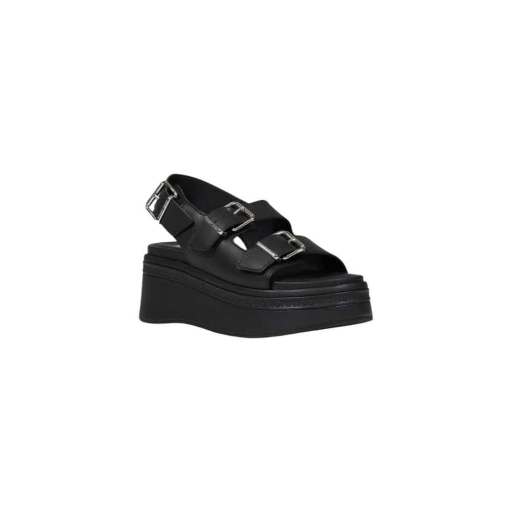 Tommy Hilfiger Jeans Black Leather Platform Sandals with wedge sole and adjustable straps for women