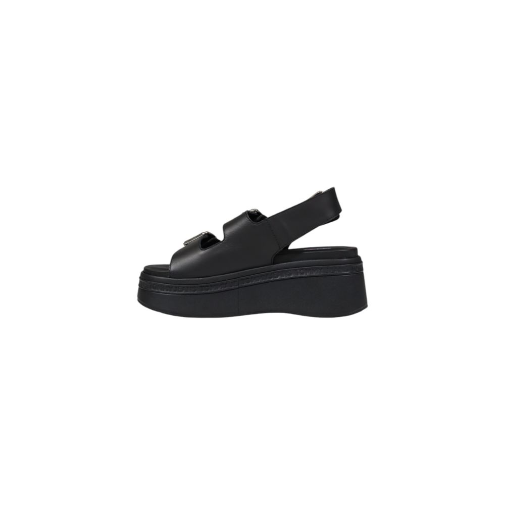 Tommy Hilfiger Jeans Black Leather Platform Sandals showcasing side profile on a white background