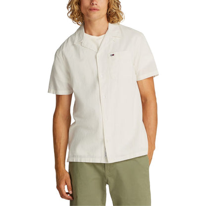 Tommy Hilfiger Jeans Cream Cotton Shortsleeve Shirt for men, casual and stylish linen blend, front view with logo detail.