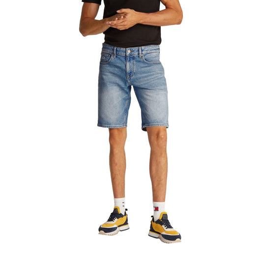Tommy Hilfiger Jeans Light Blue Recycled Cotton Bermuda Shorts modeled for casual wear.