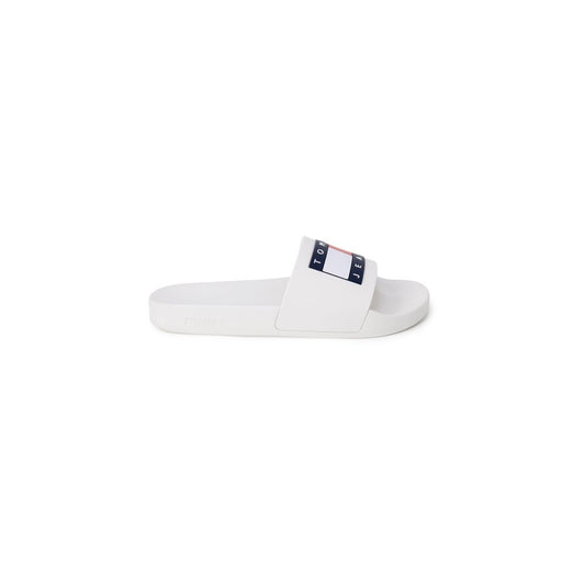 Tommy Hilfiger Jeans White Polyethylene Slippers with logo strap, ideal for summer, beach, and home comfort.