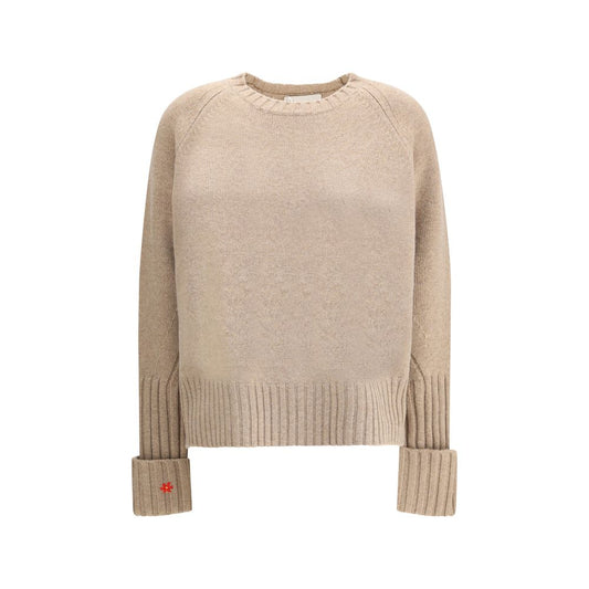 Tory Burch Beige Merino Wool Sweatshirt with floral embroidery on cuff, regular fit, 100% merino wool, perfect for layering and comfort.