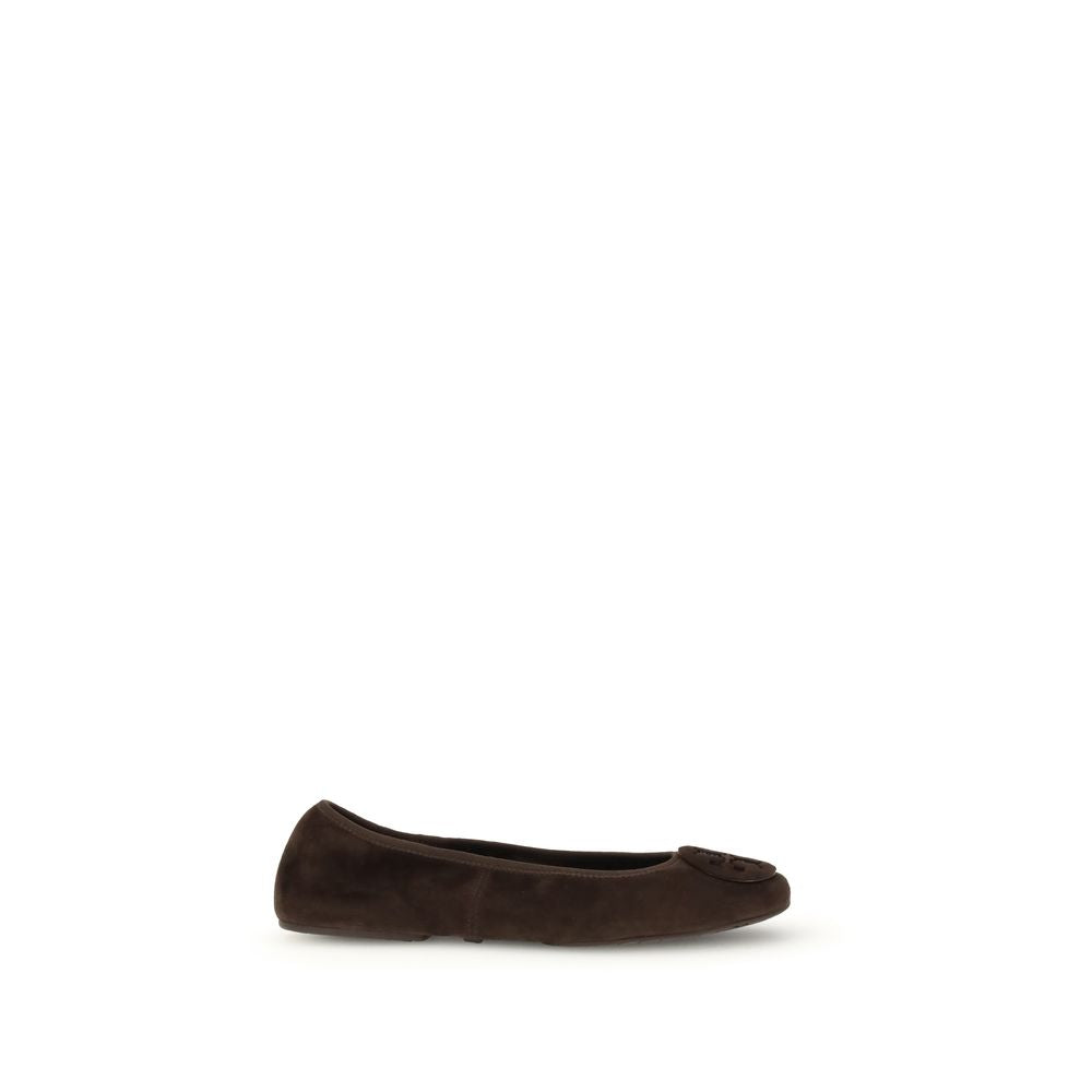 Tory Burch Brown Calf Leather Bos Taurus Ballet Flats with metal logo applique and elasticized edges for comfort and style.