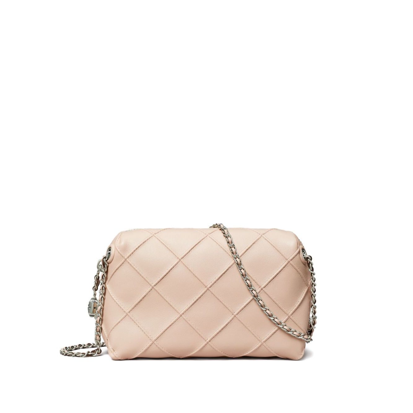 Tory Burch Fleming leather crossbody bag, light pink diamond quilted, adjustable chain strap, tonal stitching, zip closure.