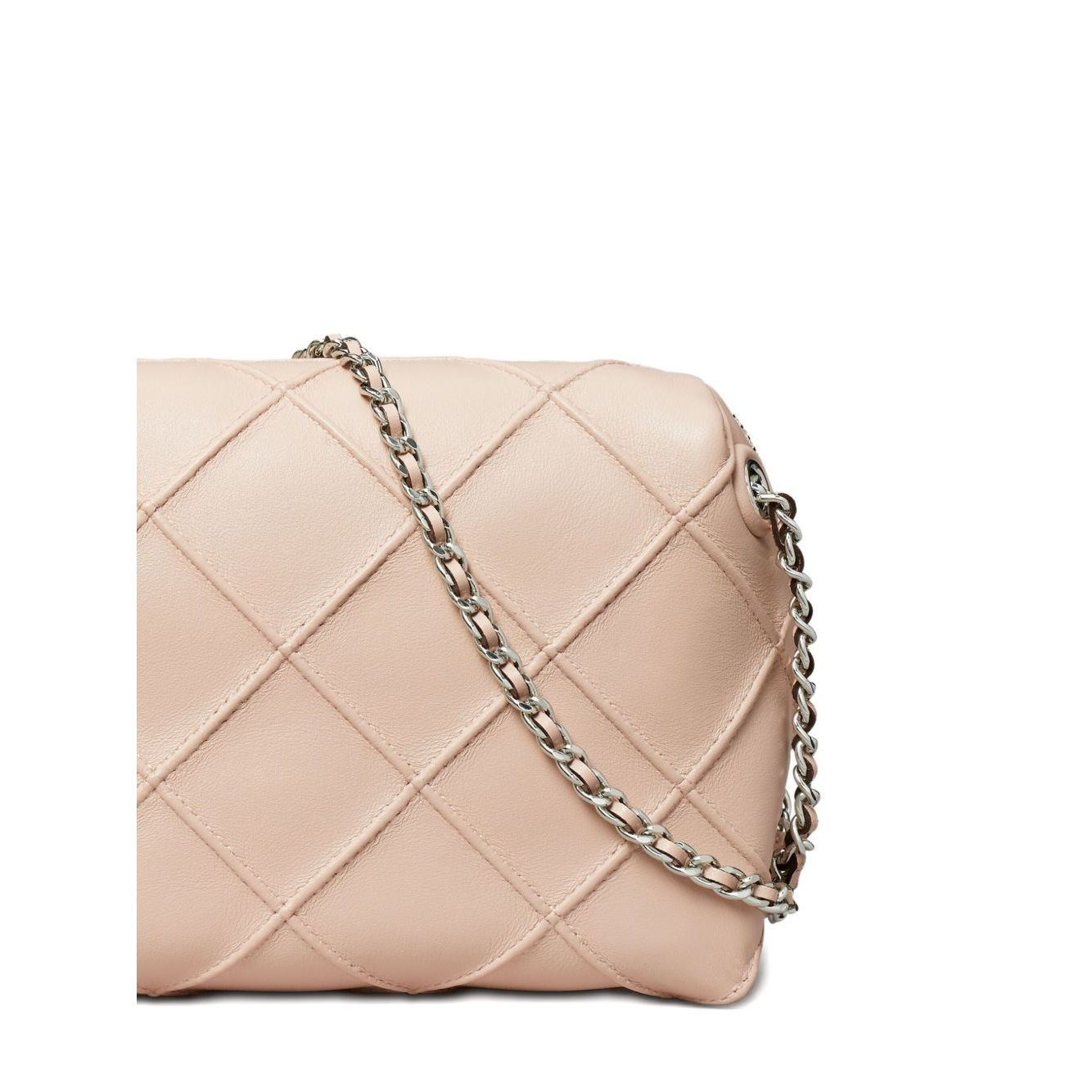 Light pink Tory Burch Fleming leather crossbody bag with diamond quilted design and adjustable chain strap.
