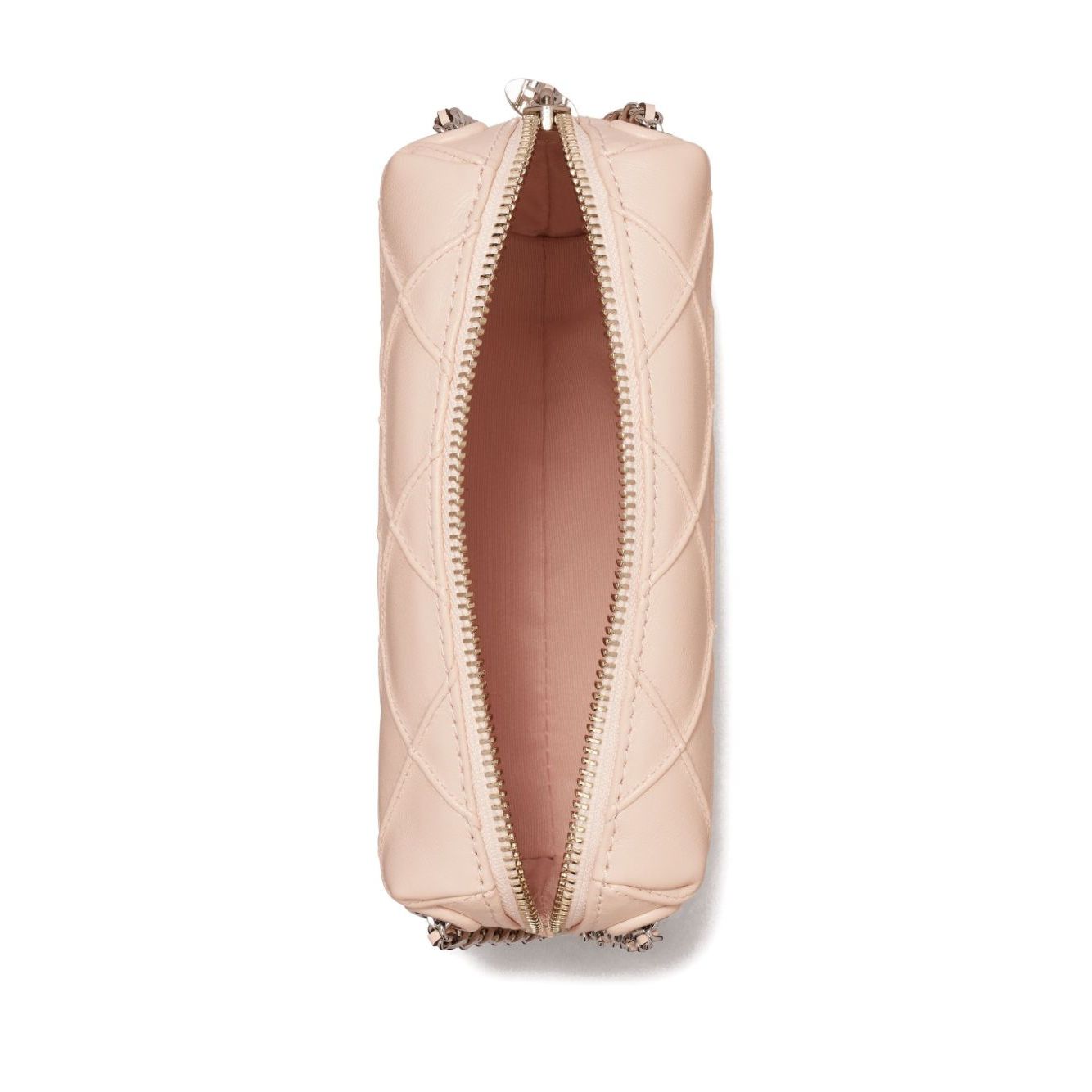 Top view of light pink Tory Burch Fleming leather crossbody bag with diamond quilted design and zip closure, showing interior.