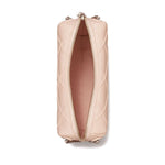 Top view of light pink Tory Burch Fleming leather crossbody bag with diamond quilted design and zip closure, showing interior.