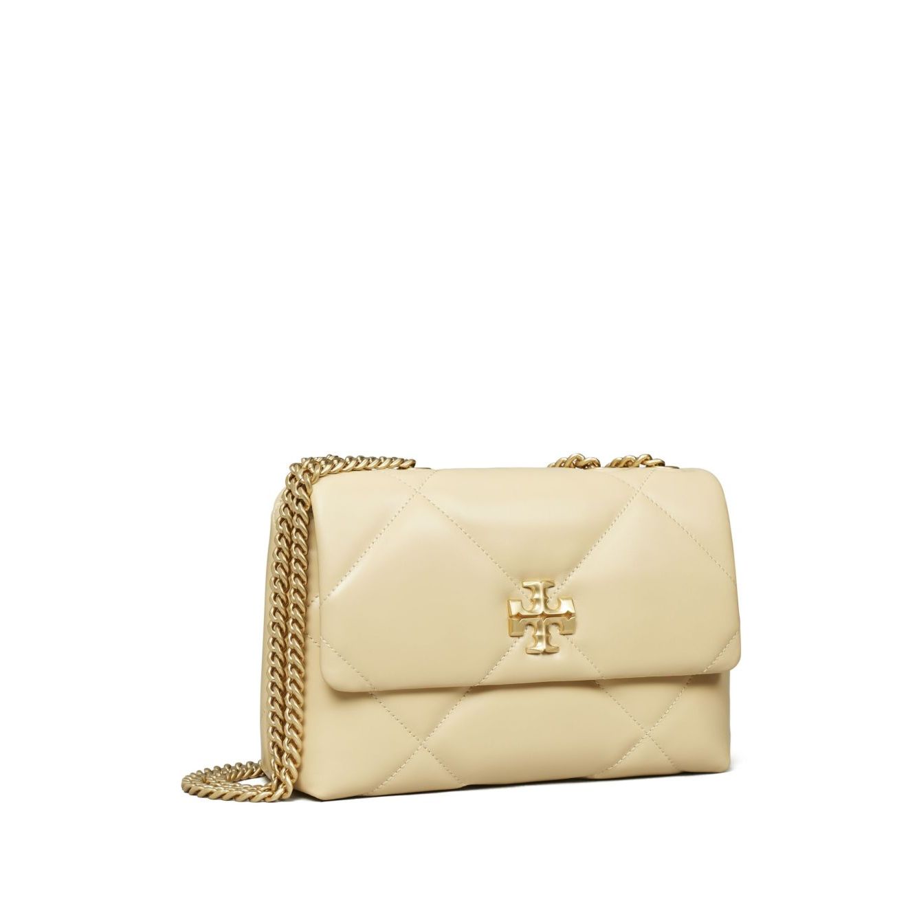 Tory Burch Kira Diamond small leather shoulder bag in light yellow nappa leather with chain-link strap and gold-tone logo plaque.
