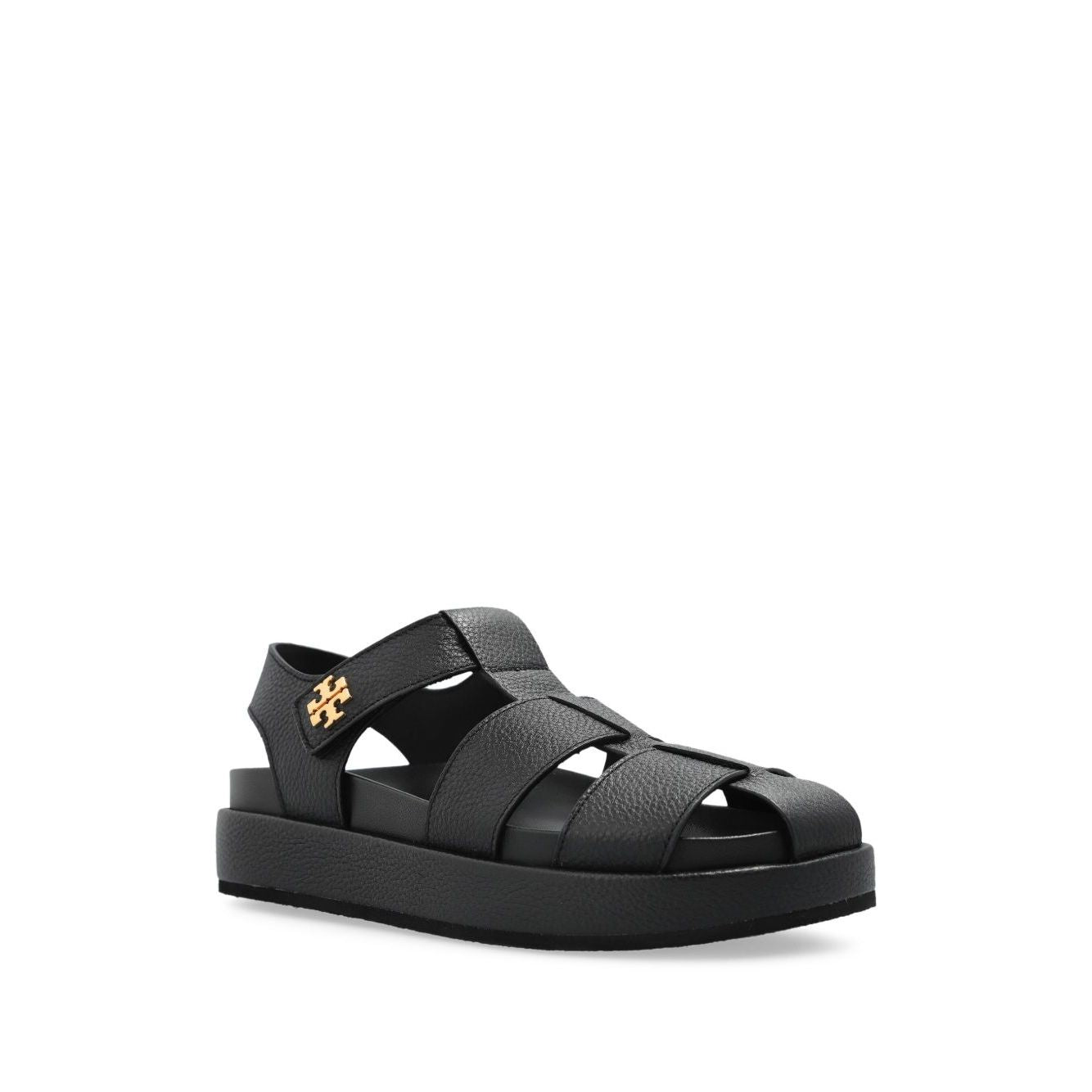 Tory Burch Sandals Black with black multiple strap design, logo detailing, cushioned sole, open toe, and flat base leather sandals.