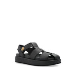 Tory Burch Sandals Black with black multiple strap design, logo detailing, cushioned sole, open toe, and flat base leather sandals.