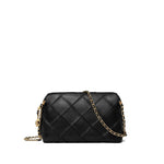 Tory Burch small Fleming leather crossbody bag with black diamond quilted pattern and gold-tone chain strap, top zip fastening.