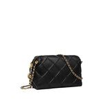 Tory Burch small Fleming leather crossbody bag with black diamond quilted pattern and gold-tone chain strap.