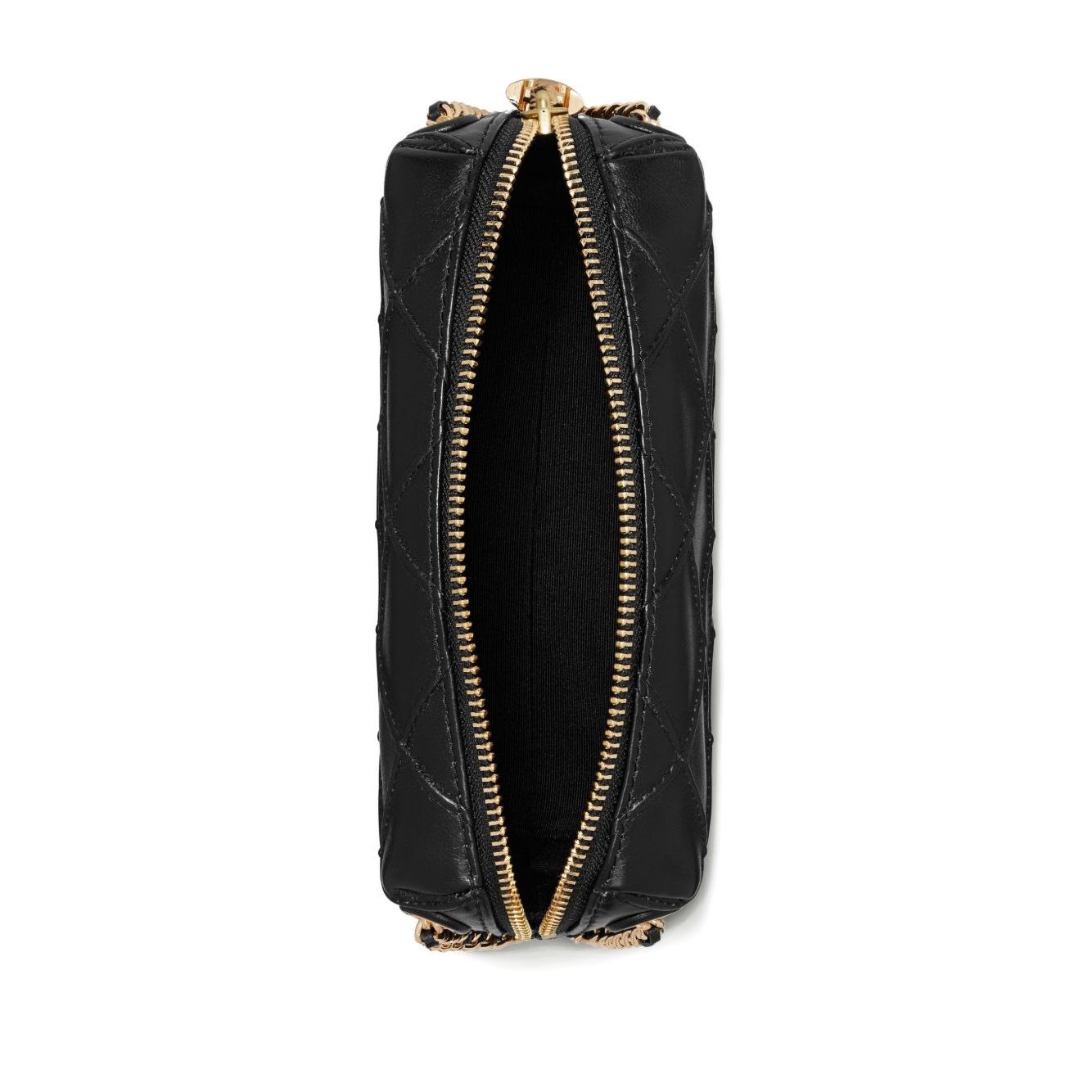 Top view of Tory Burch small Fleming leather crossbody bag with black diamond quilted pattern and gold-tone chain strap.