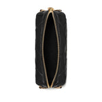 Top view of Tory Burch small Fleming leather crossbody bag with black diamond quilted pattern and gold-tone chain strap.