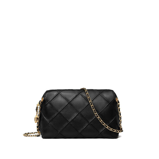Tory Burch small Fleming leather crossbody bag with black diamond quilted pattern and gold-tone chain strap, top zip fastening.