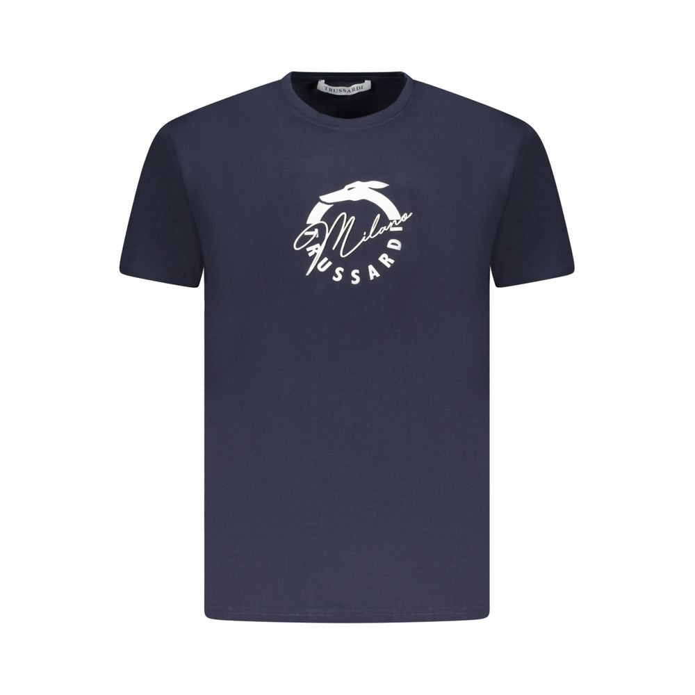 Trussardi Blue Cotton Men T-Shirt with logo print, short sleeves, crew neck, perfect for stylish comfort.