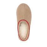 UGG Australia Sandals Beige with tobacco brown suede, embroidered edge, and fleece lining viewed from above