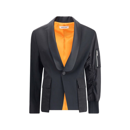 Undercover Black Polyester Bomber with shawl lapel and zippered sleeve pocket, blending blazer and bomber jacket styles.