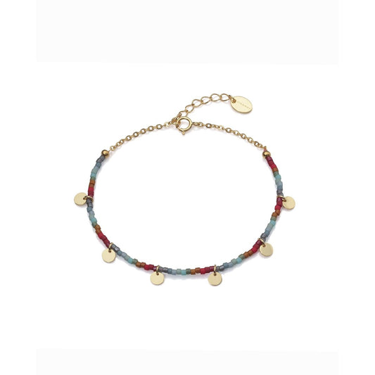 Ladies bracelet with colorful beads and gold-tone discs, perfect for any outfit. Stylish and elegant accessory for every occasion.