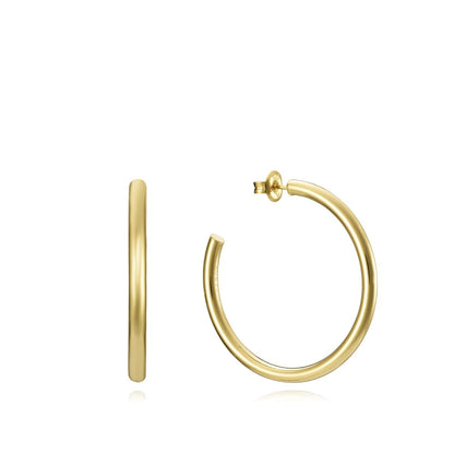 Gold hoop earrings with minimalist design, side and front view