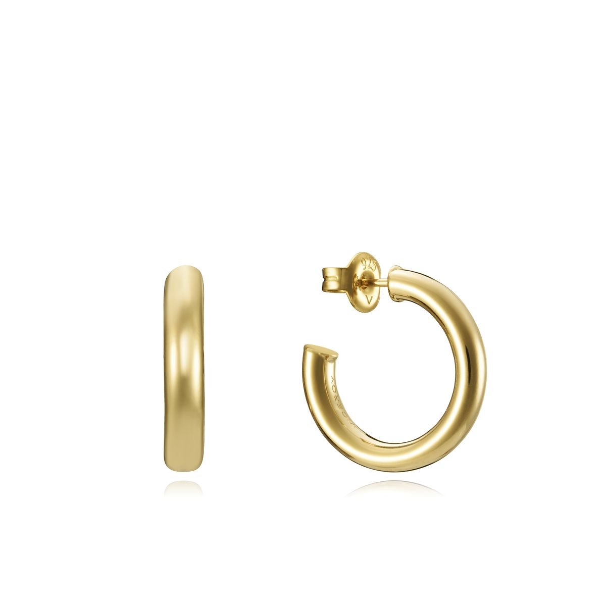 Gold hoop earrings, simple design, view from front and side, suitable for daily wear.