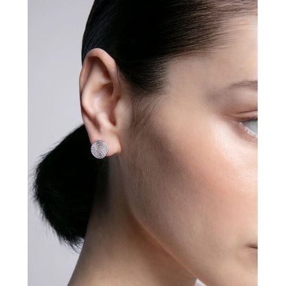 Woman wearing VICEROY JEWELS Mod. 13211E000-30 silver 925° earrings, demonstrating quartz analog movement, 10 ATM water resistance.