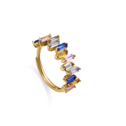 Gold ring with multicolored gemstones. Suitable for ladies, this elegant accessory is a perfect addition to any jewelry collection.