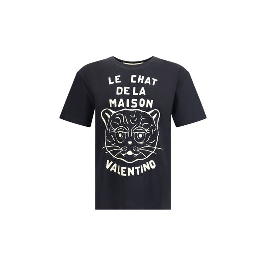 Valentino Black Cotton T-Shirt with Le Chat De La Maison graphic, featuring a ribbed crew neck and elegant casual style for AW25.
