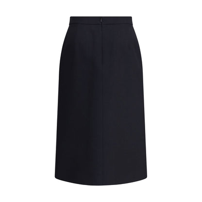 Valentino Black Fleece Wool Midi Skirt featuring back zipper, leather belt, and front slit for an elegant and versatile look.