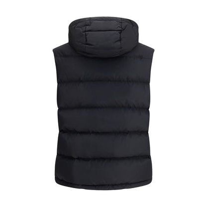 Back view of Valentino Black Goose Down Sleeveless Jacket with removable hood, featuring a quilted design and leather logo patch, AW25.