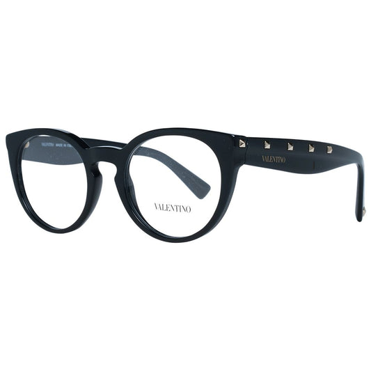 Valentino Black Women Glasses Frame in full-rim style, plastic material, and round shape with demo lenses.